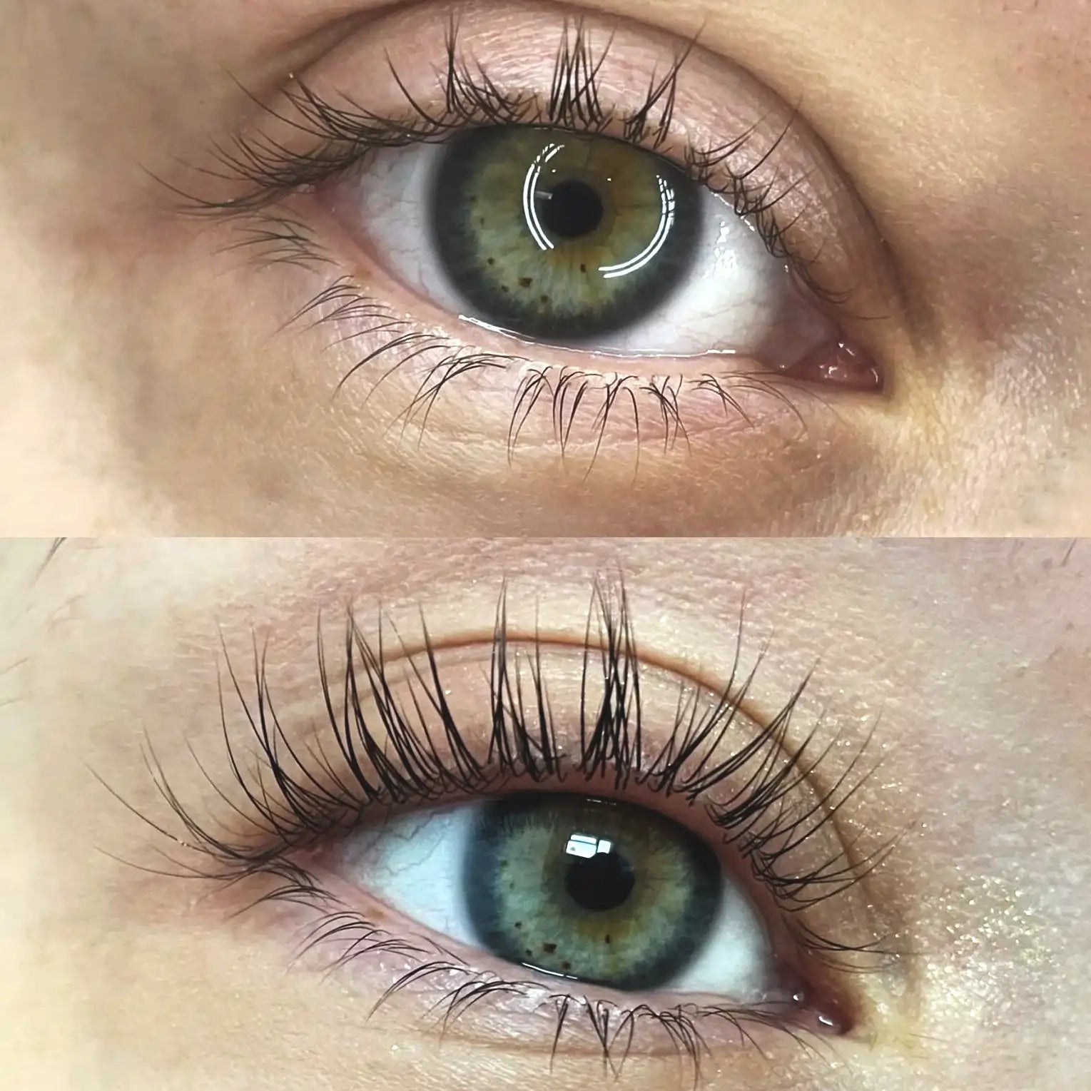Close-up before and after comparison of natural eyelash growth using QUALASH Advanced Eyelash Serum
