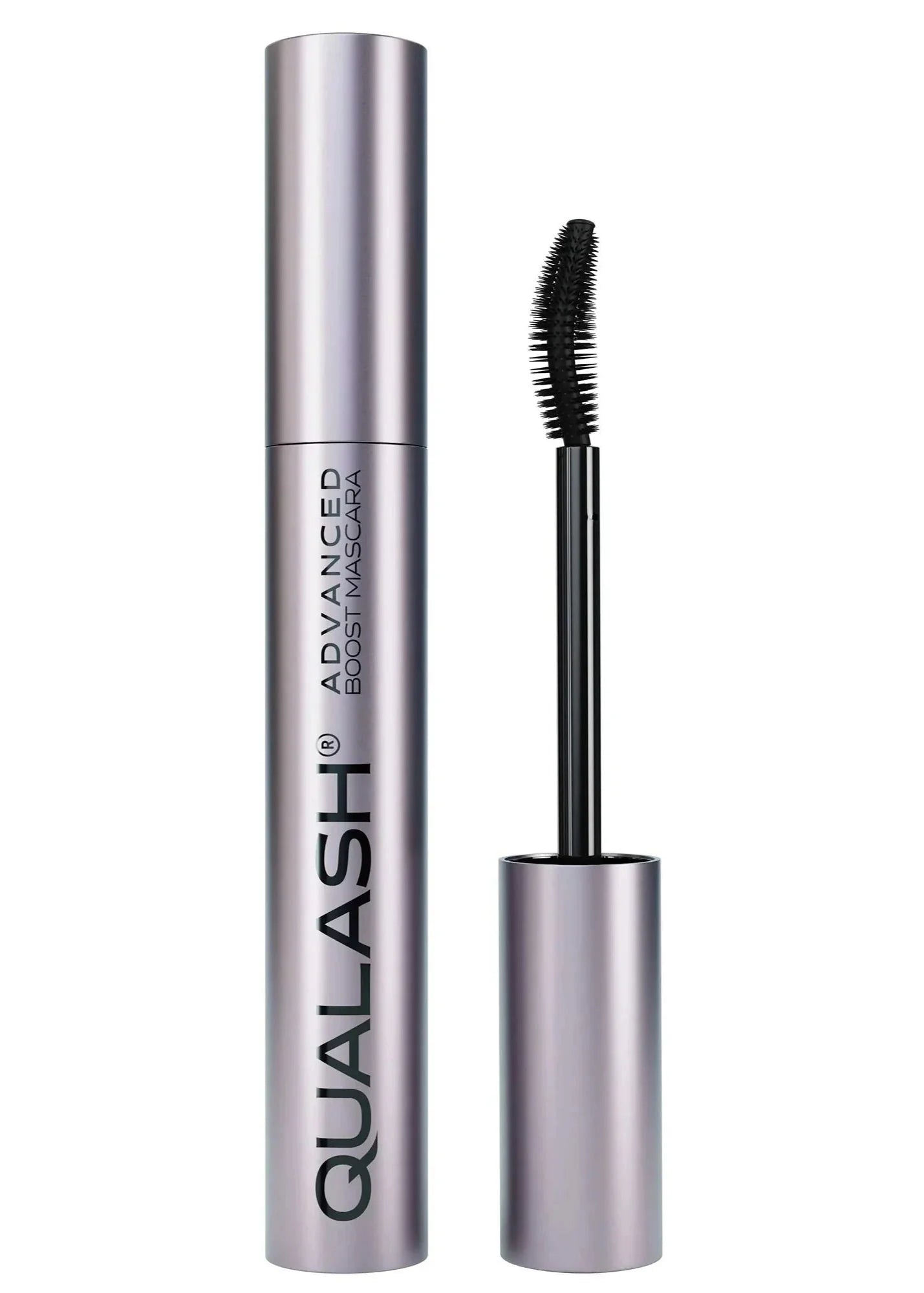 QUALASH Advanced Mascara Curl & Lift 10 ml with visible curved silicone brush on white background