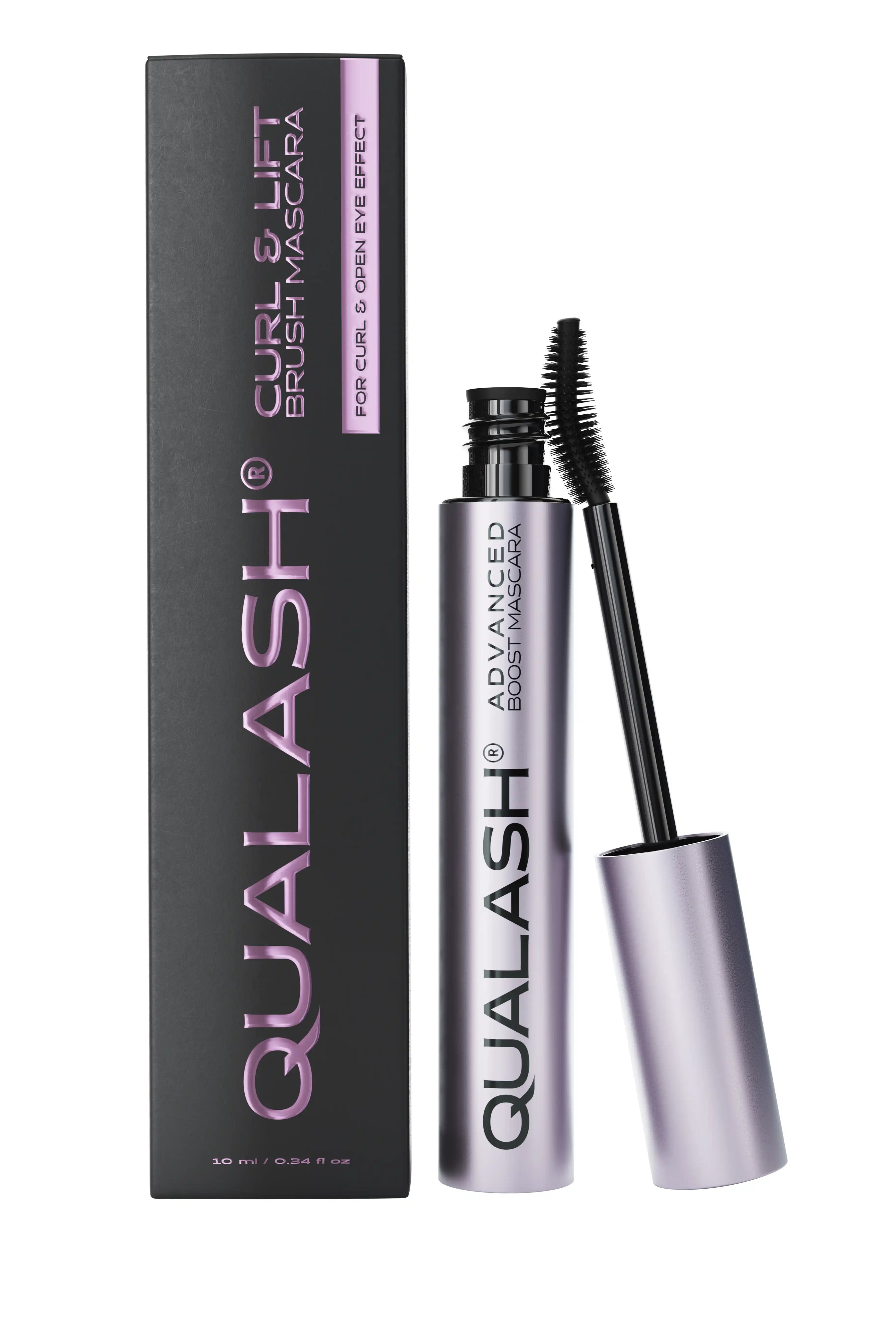 QUALASH Curl & Lift Mascara displayed with packaging and opened wand for curl and open eye effect