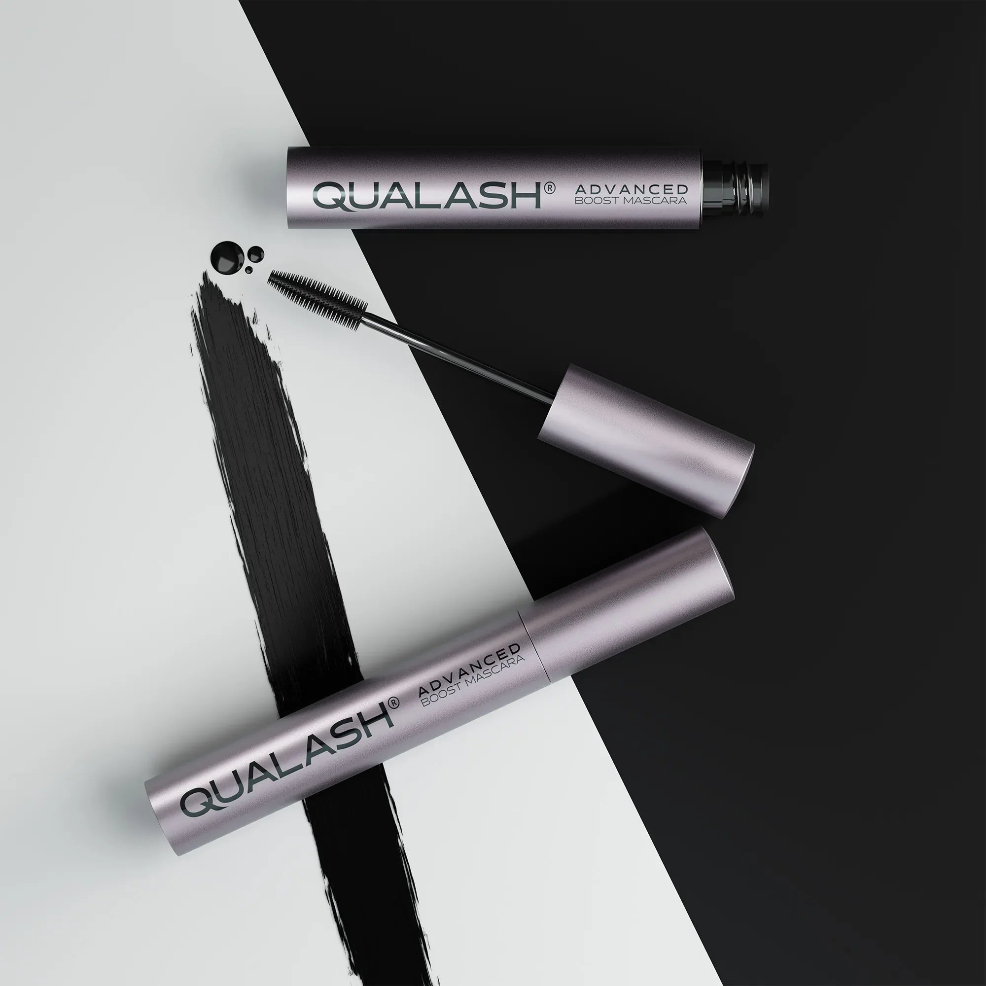QUALASH Advanced Boost Mascara with brush and black stroke on dual-tone background