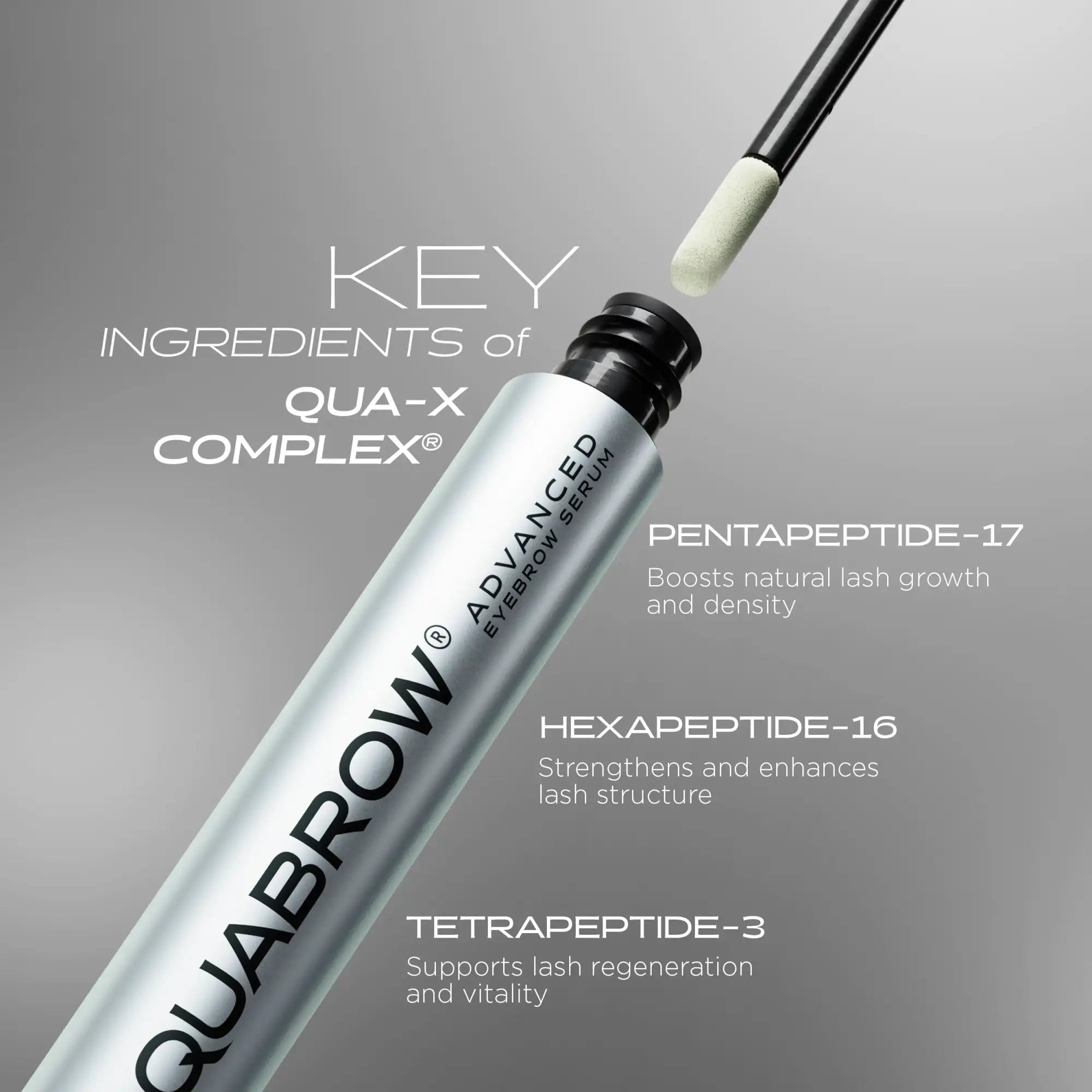Silver cylindrical tube of quabrow advanced eyebrow serum with black cap and applicator, featuring bold black lettering on its sleek metallic surface.